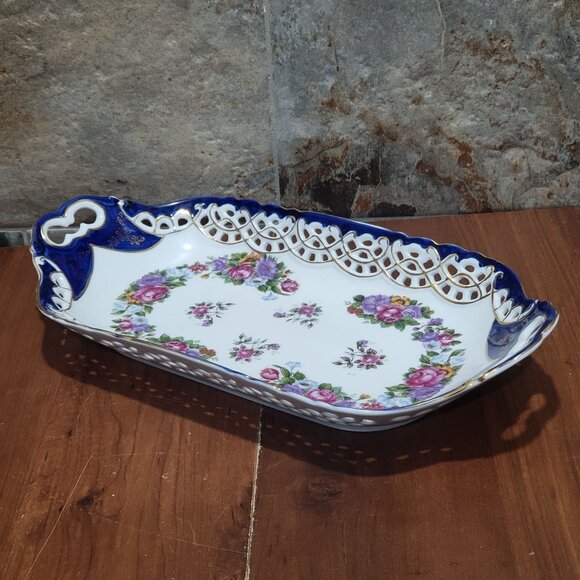 Vintage Cobalt Blue Rim & Pink Rose Porcelain Rectangular Reticulated Scalloped - Picture 5 of 11